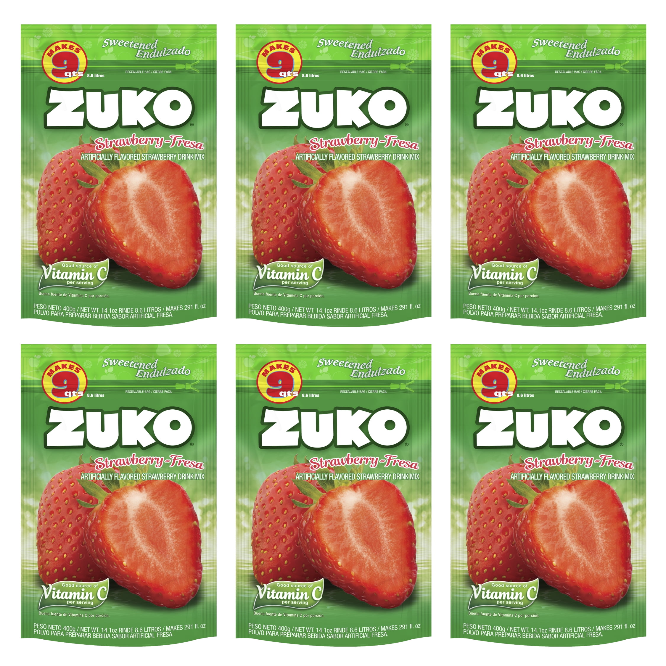 Zuko Strawberry Drink Mix Bag, 14.1 oz, Pack of 6, Fortified with Vitamin C, No Additional Sugar Needed