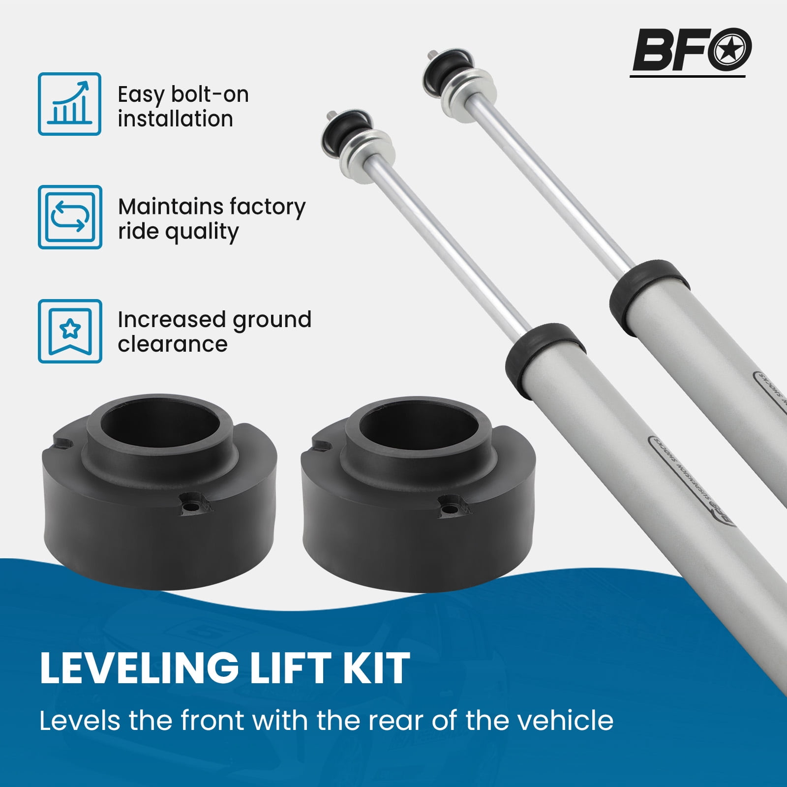 BFO 2.5" Front Lift Kit for Dodge Ram 1500 2500 3500 4WD 1994-2013, Suspension Coil Spacers + High-Pressure Nitrogen Shock Absorbers
