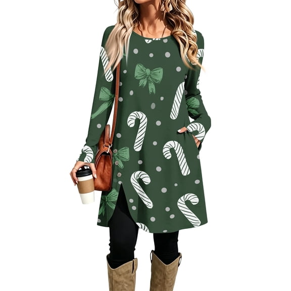 EANJE Christmas Womens Dress Christmas Print Crew Neck Tunic Midi Dresses Long Sleeve Curved Split Hem Swing Dresses Lightweight Cozy Winter Holiday Wear Clothes with Pockets Green XL