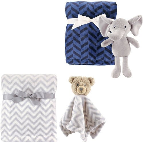 Hudson Baby Boys' Plush Blanket (2Pack) with Plush Toy and Security