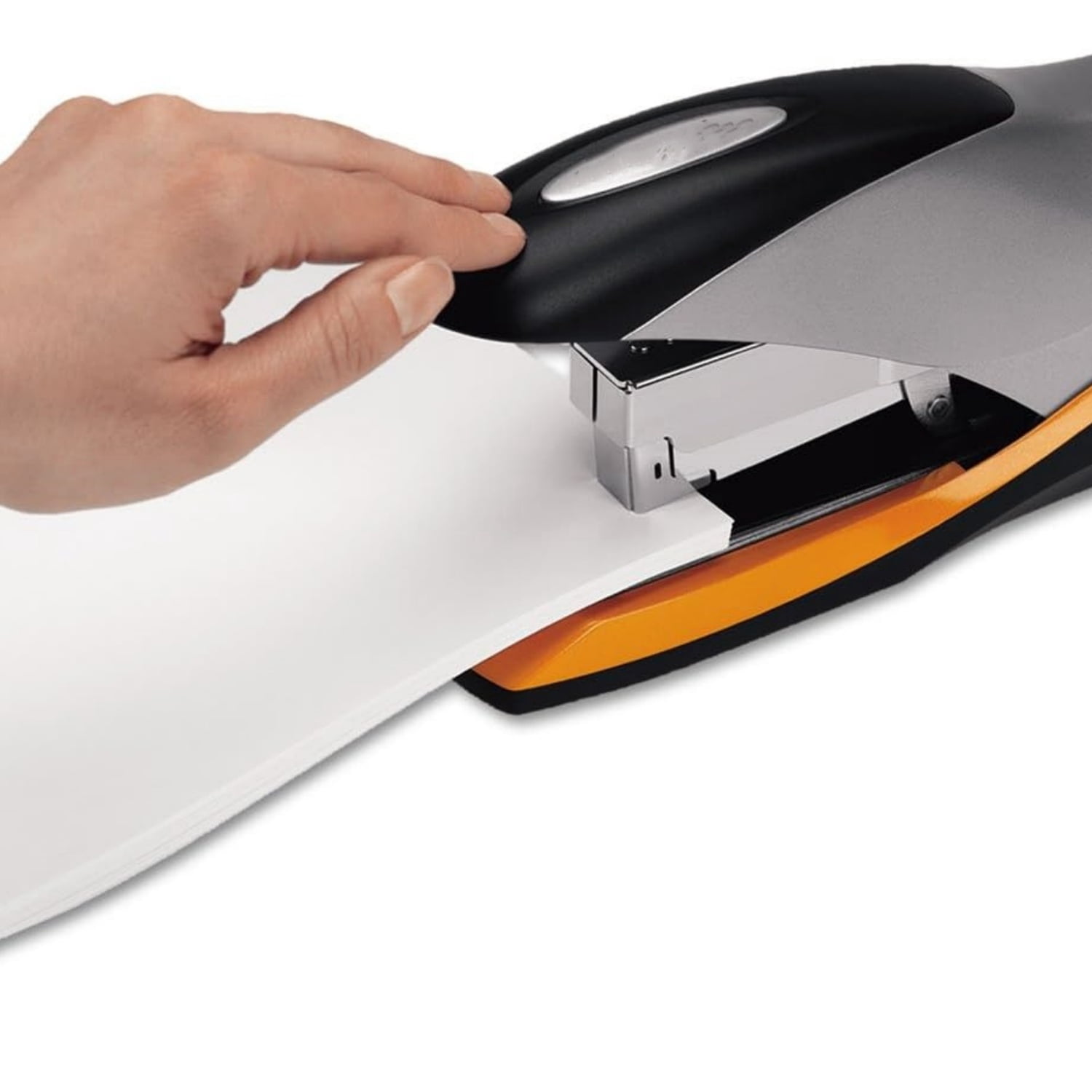 Stapler, 70 Sheet Capacity, Jam Free, Reduced Effort, Soft Grip, Metal, Silver/Black/Orange