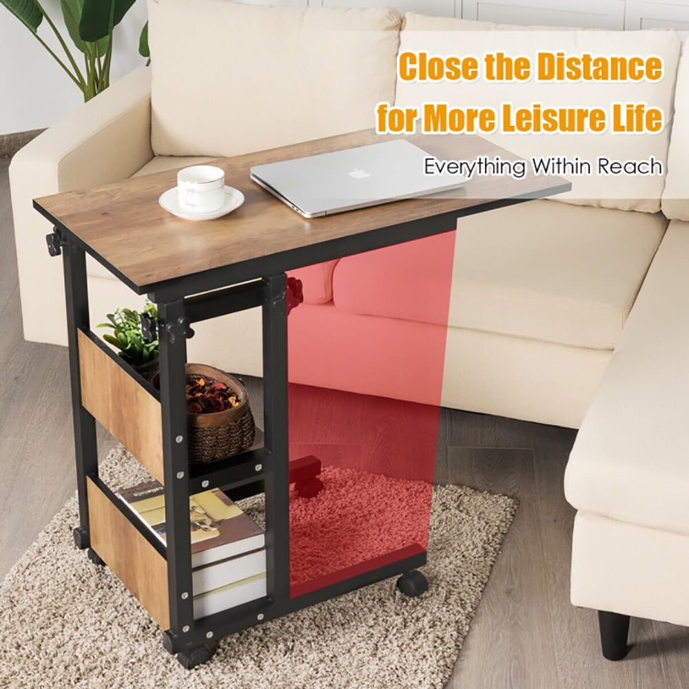 Finihen End Table, C-Shape Mobile Snack End Table with Storage Shelves, Sofa Side Table, Bed Side Table, for Living Room, Bedroom, Brown Finihen End Table, C-Shape Mobile Snack End Table with Storage Shelves, Sofa Side Table, Bed Side Table, for Living Room, Bedroom, Brown