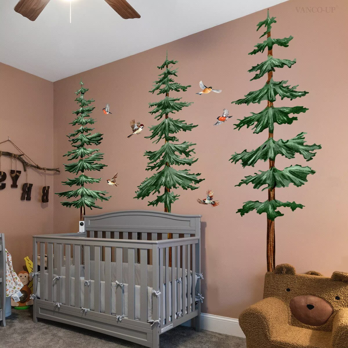 Large Pine Tree Wall Stickers Green Trees Wall Decals Peel and Stick Watercolor Birds Nature Giant Trees Decor Woodland Forest Sticker Green Tree Stickers for Living Room Bedroom Home Decor