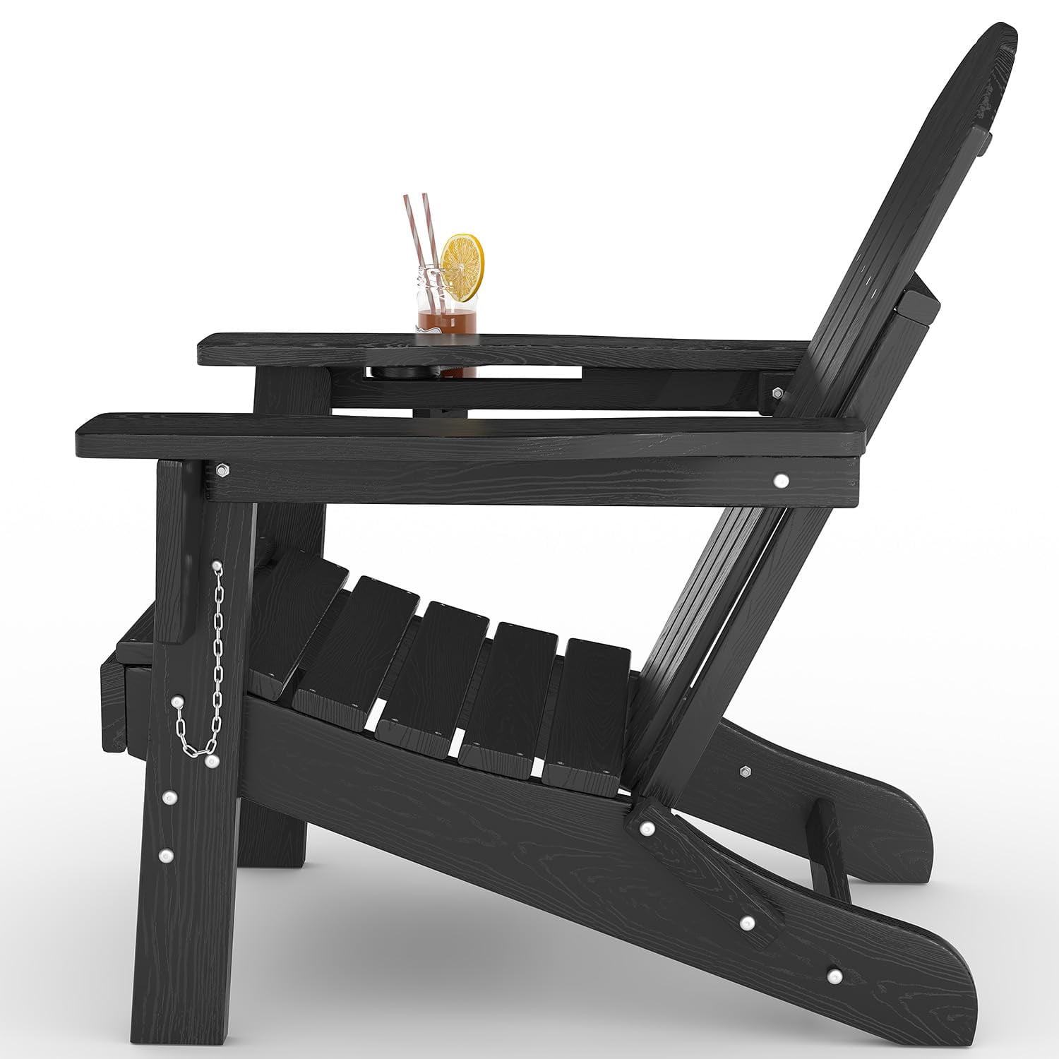 All-Weather HDPE Folding Adirondack Chair – Cup Holder, Wooden Grain Texture, Collapsible & Weather-Resistant, Outdoor Patio Seating for Deck, Porch, Backyard, Lawn, Fire Pit -black 1 piece