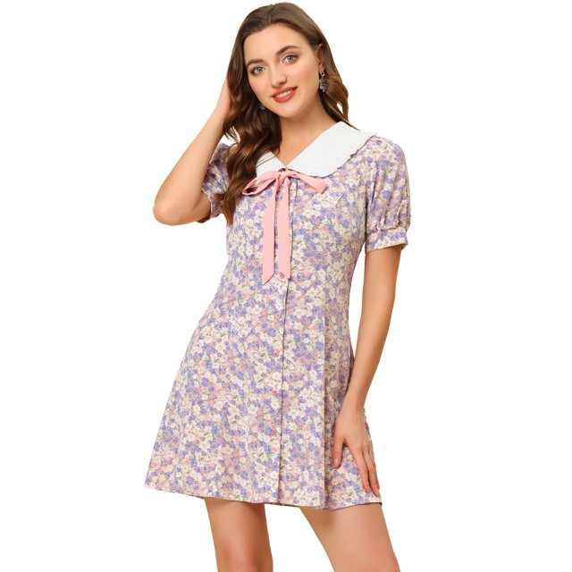 Vestido Camisero De Manga Corta Entallado Y Acampanado Con Cuello En Contraste Y Volantes Con Pajarita Y Cuello En Contraste Para Mujer Rosa XL