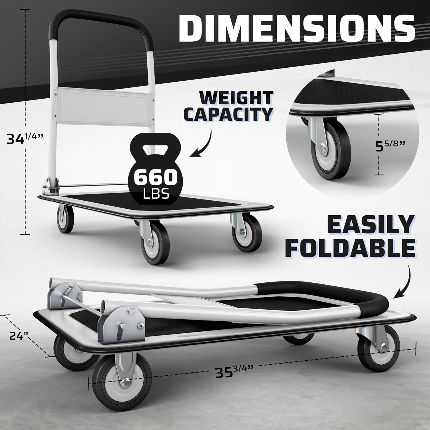 Upgraded Foldable Push Cart Dolly | 660 lbs. Capacity Moving Platform Hand Truck | Heavy Duty Space Saving Collapsible | Swivel Push Handle Flat Bed Wagon (White, 660 lbs. Capacity)