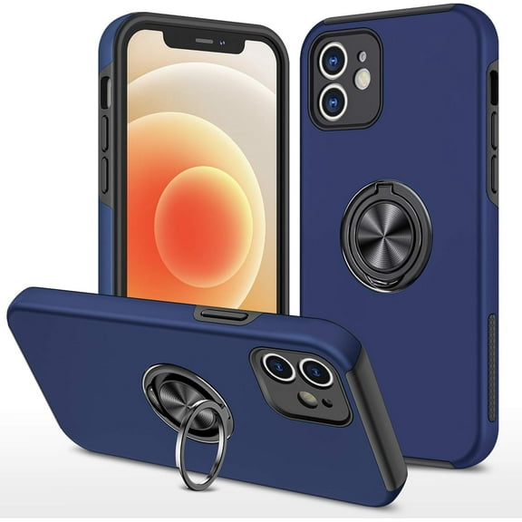 Case for iPhone12 6.1, Smooth Dual Layer Hard Military Phone Case with 360 Degree Ring Stand Silicone Bumper Shockproof Protective Case (Camera Protection) Magnetic Car Holder Cover-Blue