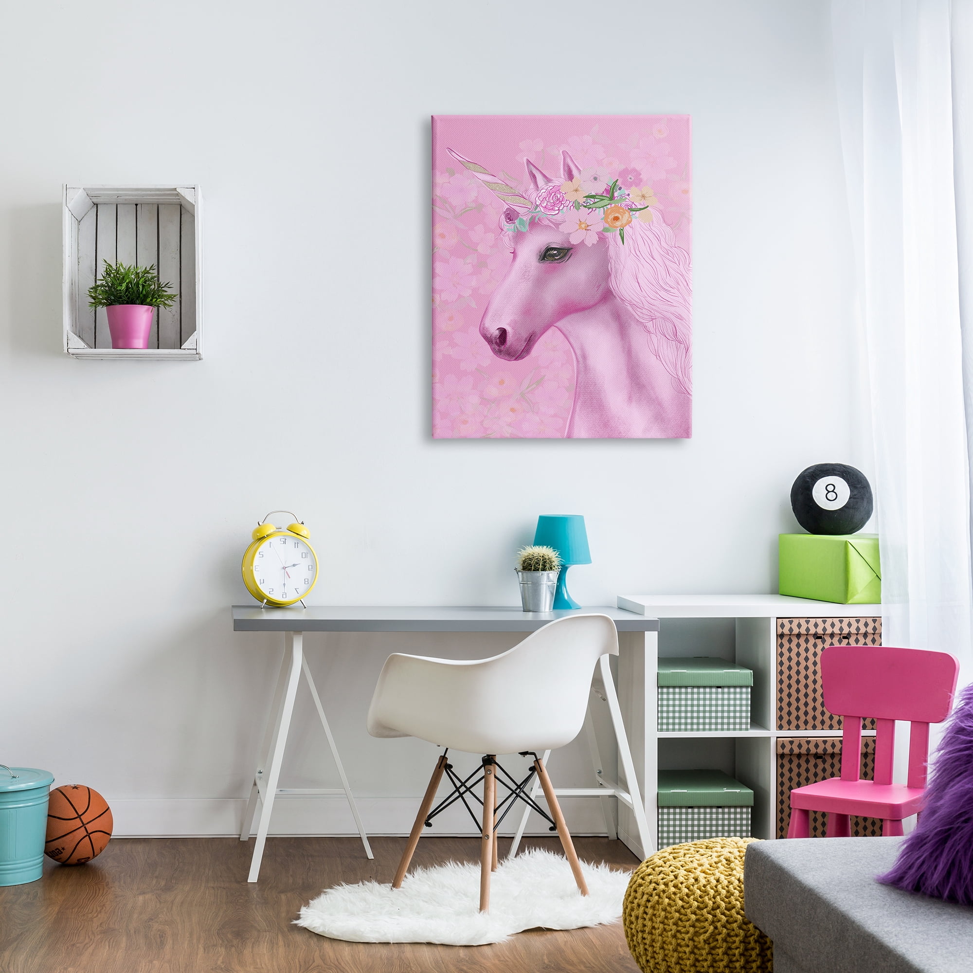 Stupell Industries Floral Pattern Pink Unicorn Adorable Mythical Creature, 30 x 40, Design by JunCo. Studio