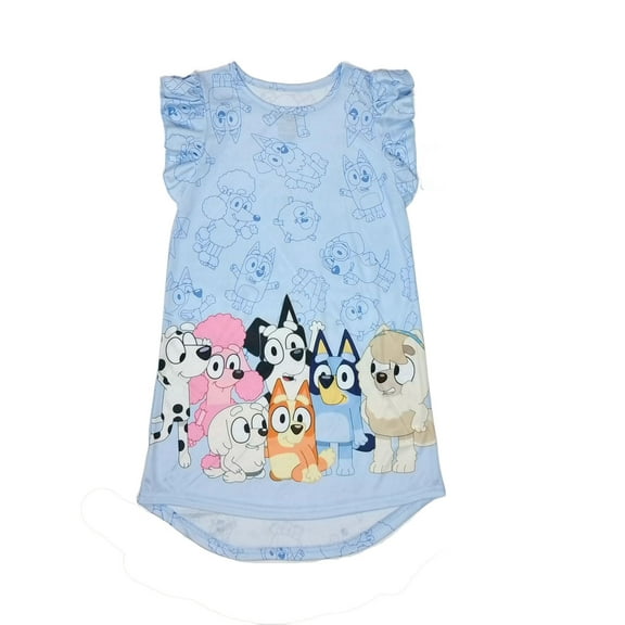 Bluey, Bingo and Friends Girl's Blue Print Polyester Flutter Sleeve Nightgown (Large 10/12)
