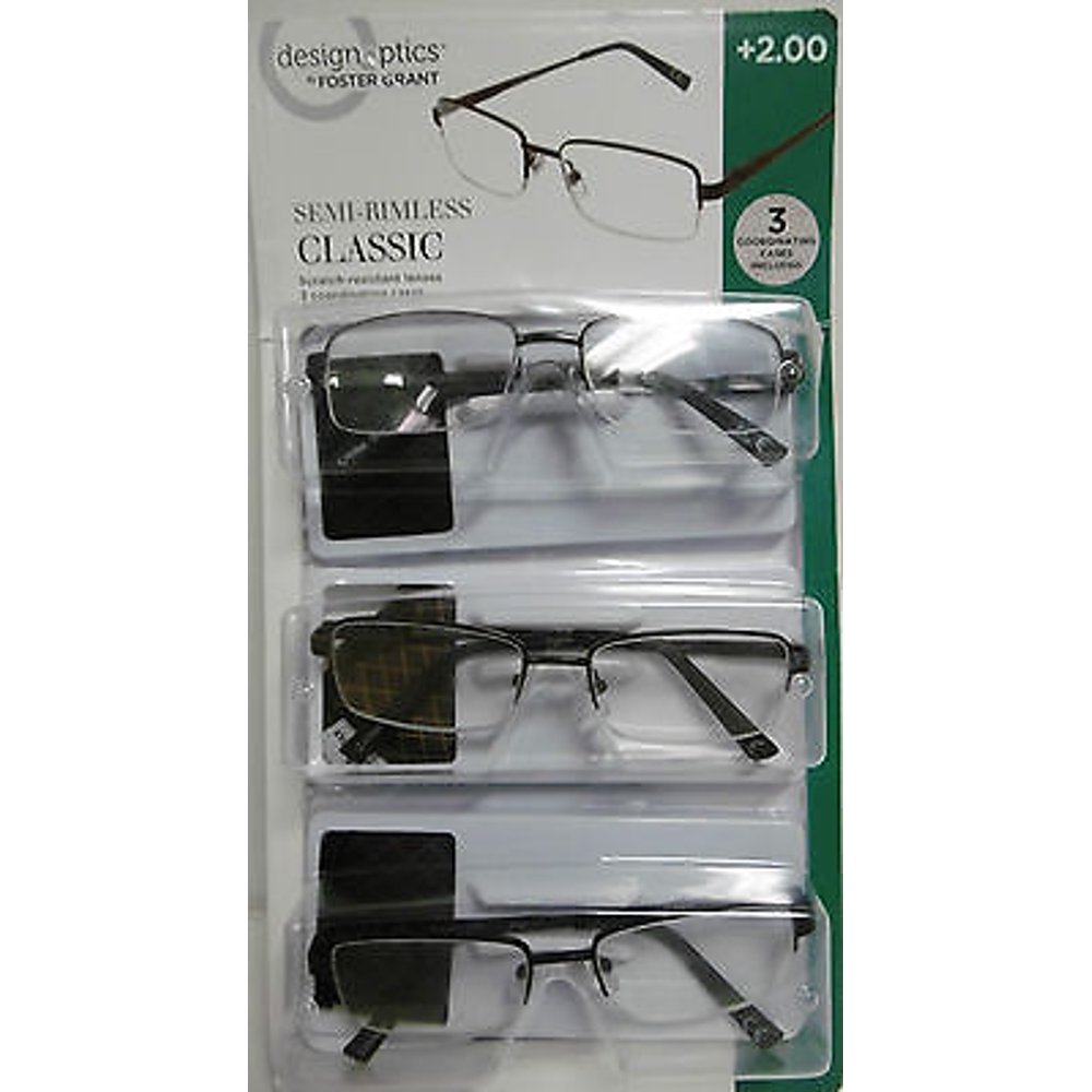 Design Optics +2.00 Semirimless Classic Reading Glasses 3pack With