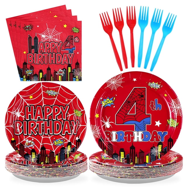 Artículos de fiesta Grencian Spider para el cuarto cumpleaños de niños, 96 unidades