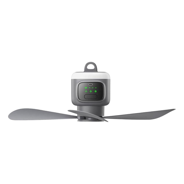 ventilador de techo portátil con luz, ventilador de camping usb silencioso, herramienta de iluminación pequeña para dosel, sala de estar, cocina, gris Luwecf; vista frontal centrada del módulo cuadrado con gancho superior, panel de control con indicadores LED verdes y botón, aspas desmontables grises en plástico PP con acabado mate, luz superior difusa de 360° para iluminación ambiental y diseño colgante para carpas, porches y casas rodantes; también adecuado como lámpara de lectura portátil en campamento.