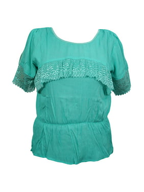 Mogul Womens Green Solid Top Lace Work Short Sleeves Rayon Comfy Blouse