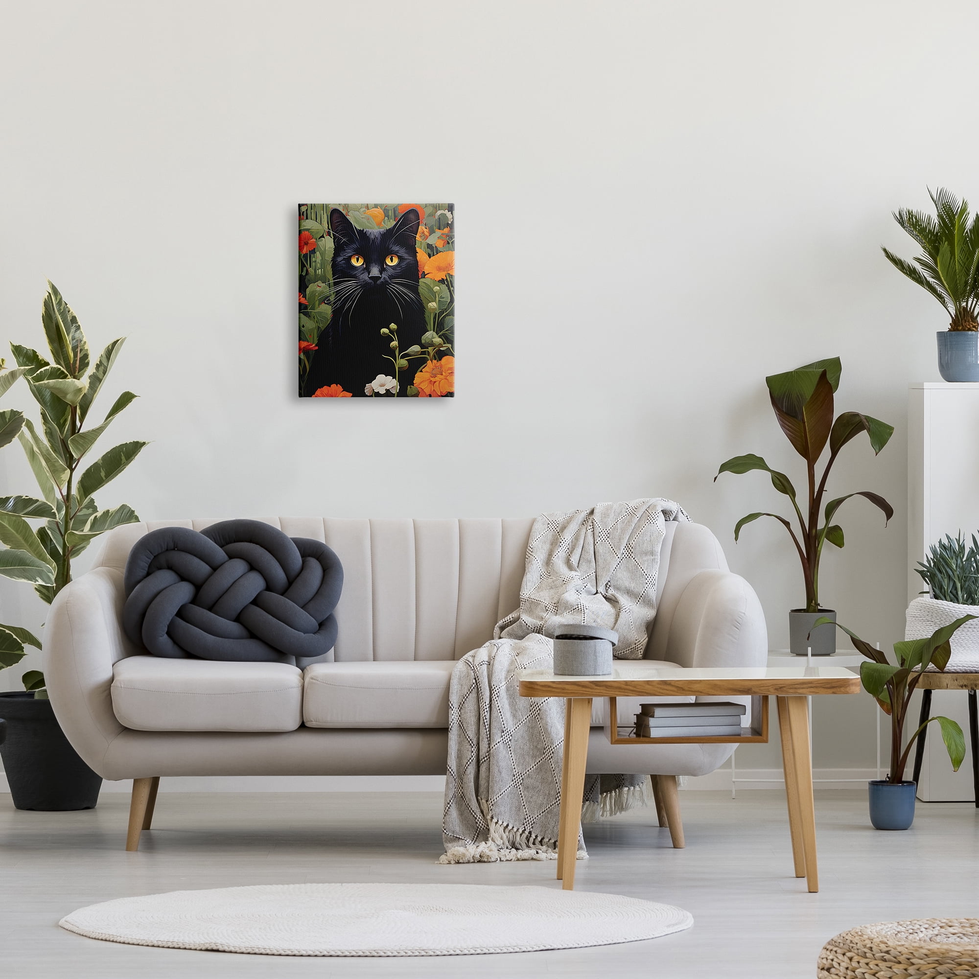 Stupell Industries Black Cat Garden Flowers Animals & Insects Painting Gallery Wrapped Canvas Art Print Wall Art, 16 x 20