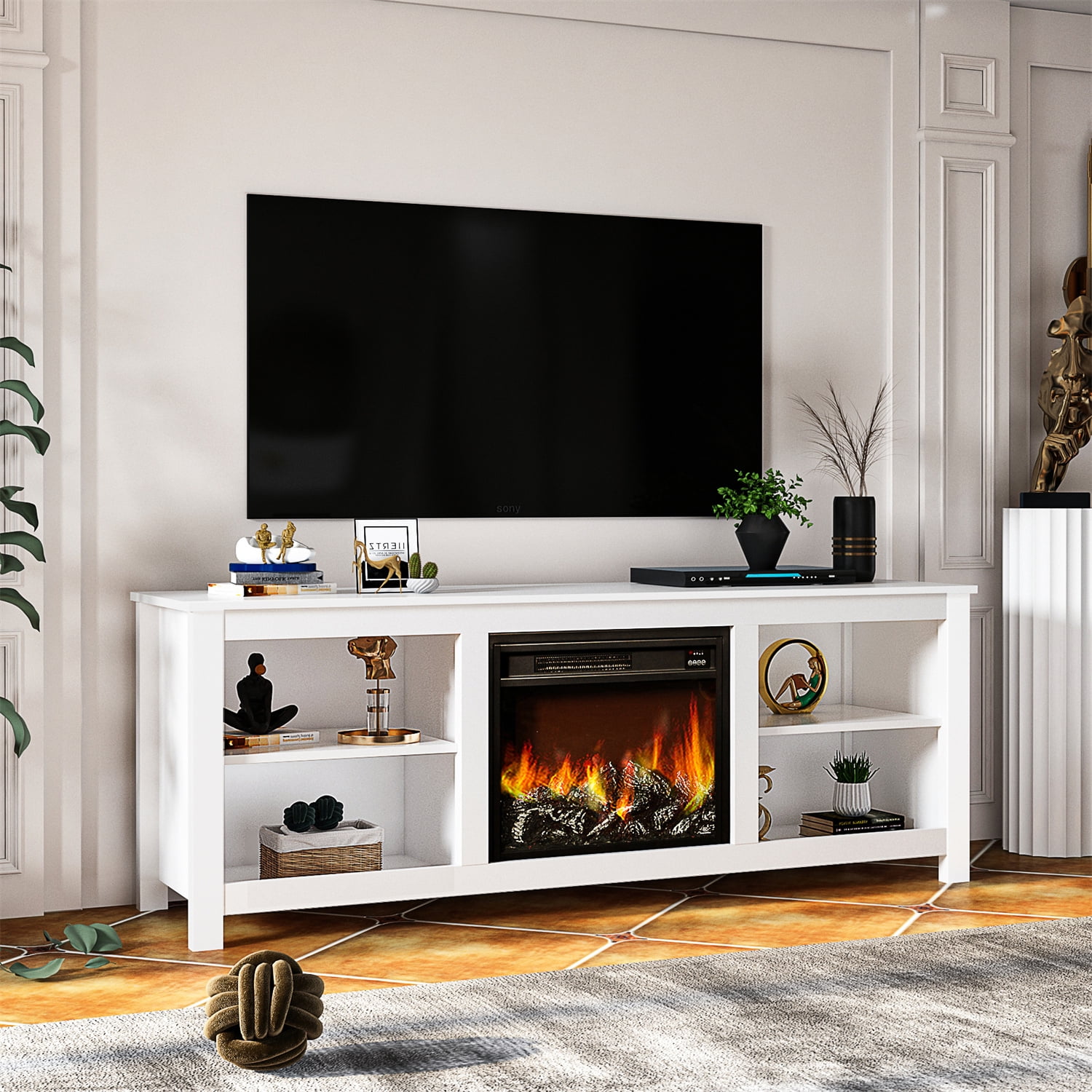 58''W TV Console Table, Fireplace TV Stand for TVs up to 55 Inch, Entertainment  Center with Electric Fireplace, 2-in-1 Design TV Stand with 4 Storage  Cubby, Remote Control and Heater Function, White -