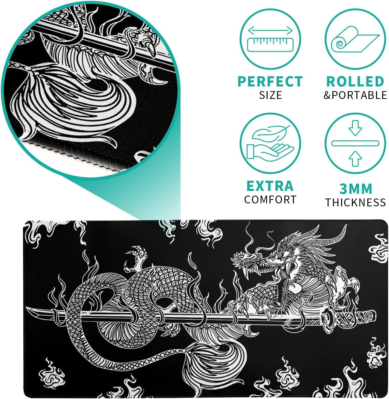 Dragon Gaming Mouse Pad Black Large Mouse Pad for Keyboard and Mousepad Desk Mat with 3mm Non-Slip Base and Stitched Edge for Gaming and Office Computer Mat Protector Mat 27.6x11.8 Inch