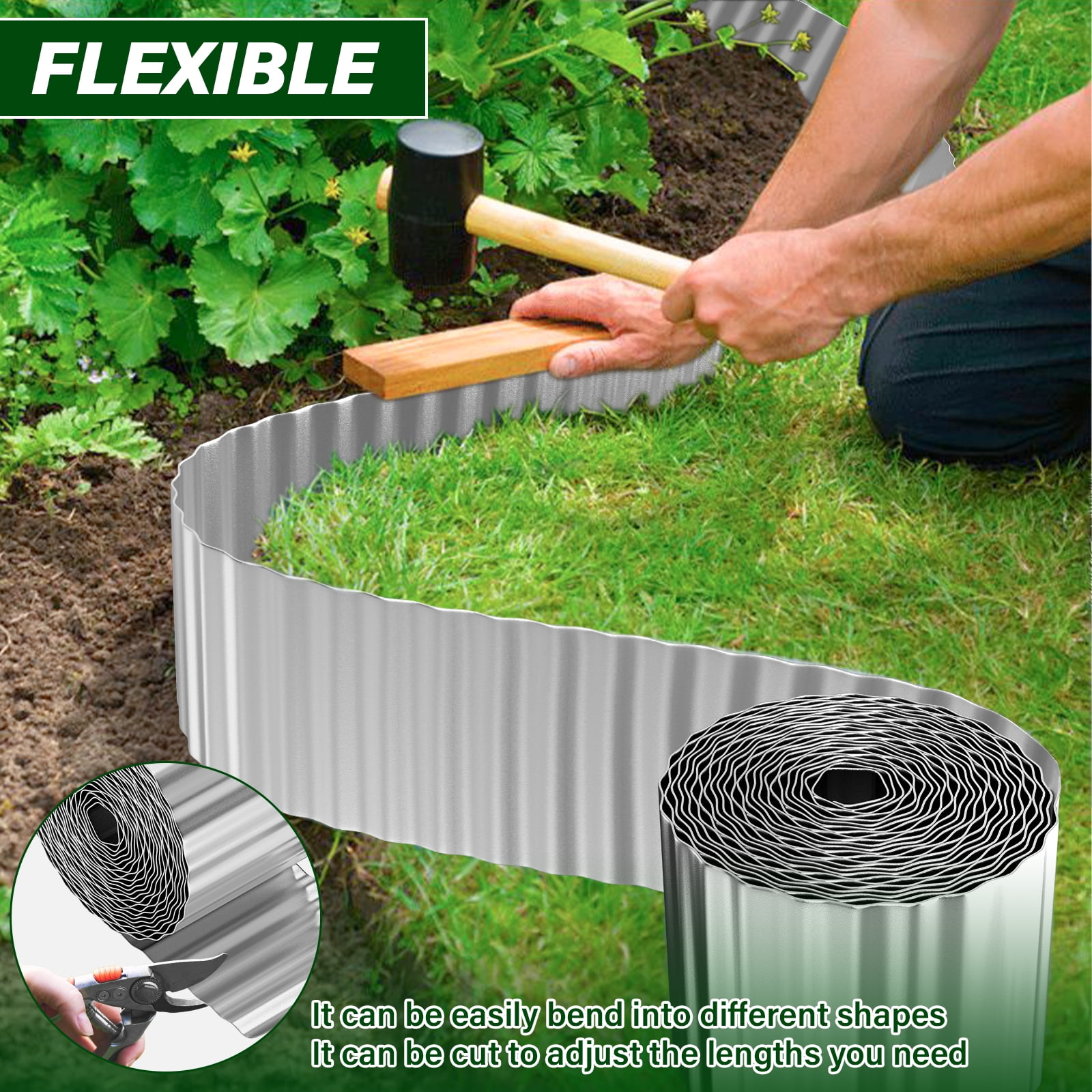 12 Inch 10 FT Garden Landscape Edging Border Galvanized Sturdy Metal Hemmed DIY Edging for Landscaping Lawn Flower Beds Patio Pathway Divider Design, Silver
