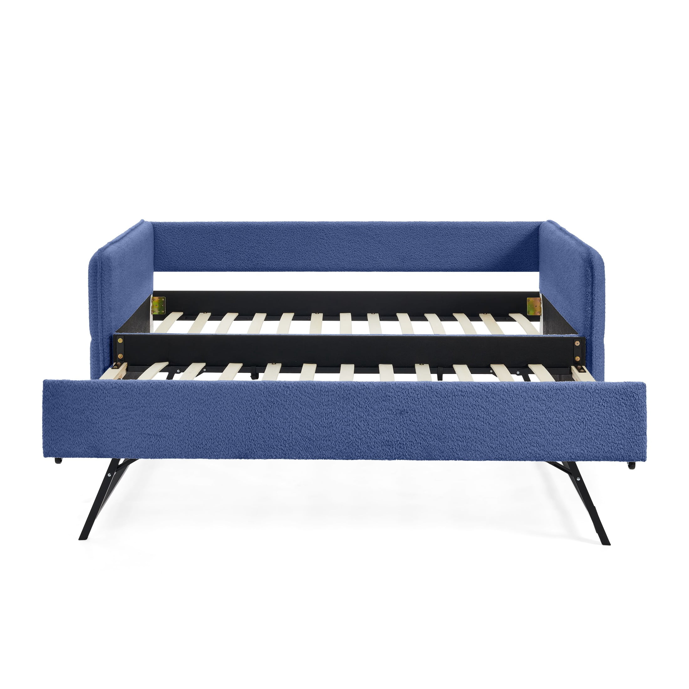 Noble House Zenton Twin Size Boucle Daybed, Tufted Sofa Bed Frame with Trundle, Modern Guest Sleeper Couch, Blue
