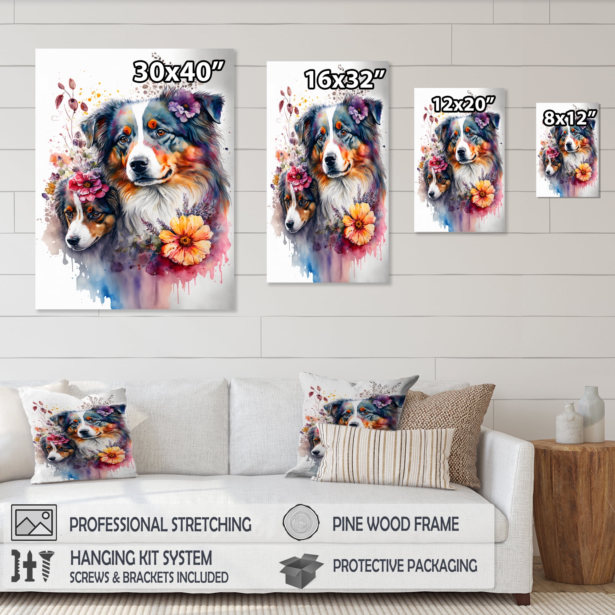 Designart Cute Australian Shepherds Floral Art II Canvas Wall Art