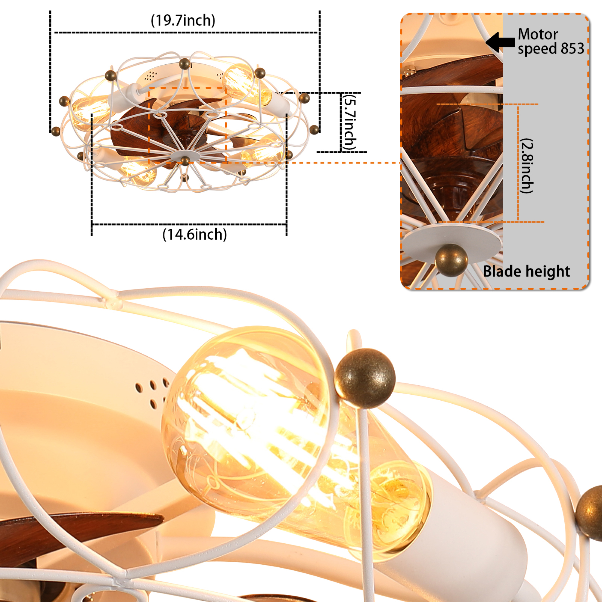 Leumius Low Profile Caged Ceiling Fan with Lights Remote Control, Embedded Modern Industrial Ceiling Fan for Kitchen Dining Room Living Room Bedroom