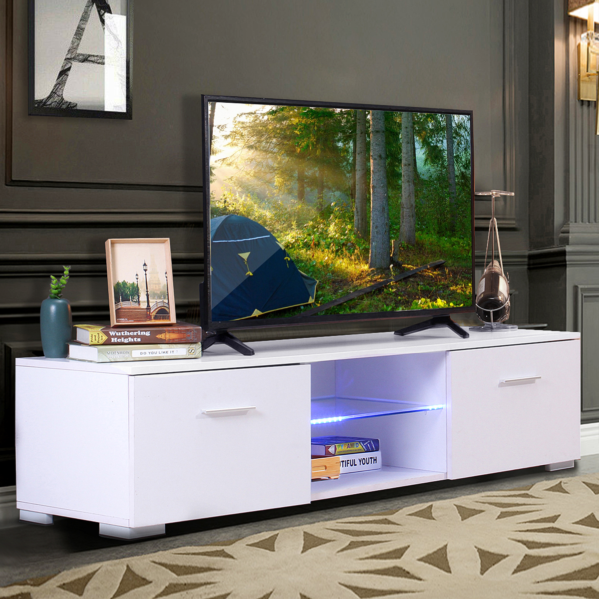 57 TV Stand For TVs Up To 65 Inch W LED Lights Modern Entertainment 