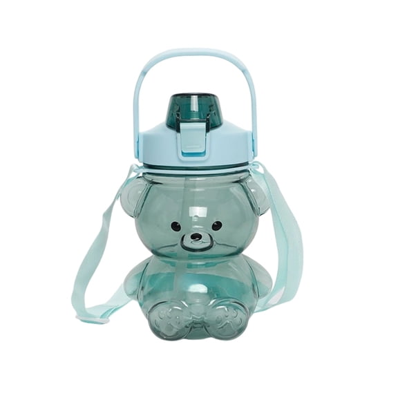 Green Portable Water Cup With Straw 1400Ml Capacity Cute Bear Design Plastic Material For Daily Hydration