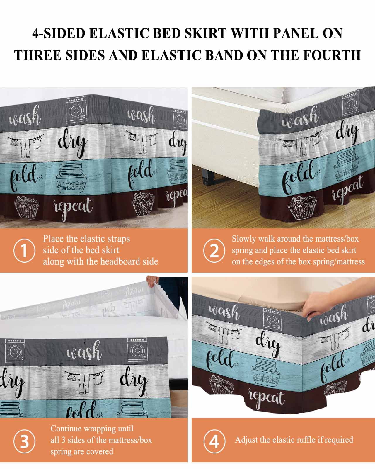 Laundry Rules Bed Skirt Retro Blue White Wood Board Grain Bed Skirts Queen Size 16 Inch Drop, Wrap Around Dust Ruffle&nbsp;Bedskirt with Adjustable Elastic Belt for Queen Size Beds