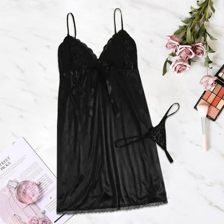 

Women Plus Size V-Neck Bow Nightdress With Thong Lingerie Set Underwear S-3XL Note Please Buy One Or Two Sizes Larger