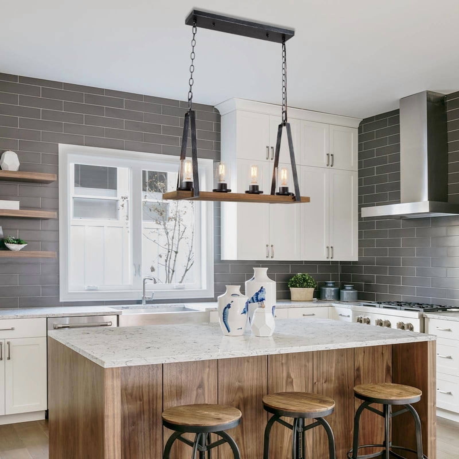 LNC Berthelotii 4-Light Linear Island Light with Clear Glass Shades and Faux Wood Accents