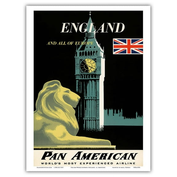 England And All Of Europe - Pan American World Airways - Big Ben and British Flag - Vintage Airline Travel Poster by Aaron Amspoker c.1950s - Master Art Print (Unframed) 9in x 12in