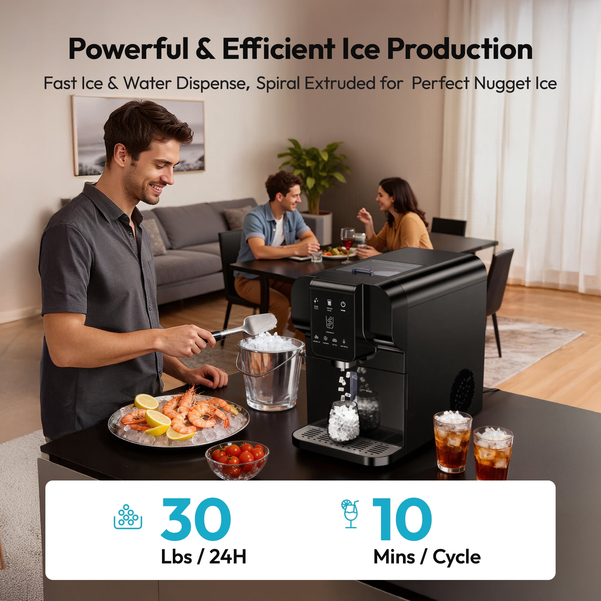 Simzlife Countertop Nugget Ice Maker & Water Dispenser, 30LBS/24H, 2-in-1 Soft Chewable Ice Machine with One-Touch Automatic Ice Dispensing, Self-Cleaning, for Home & Office