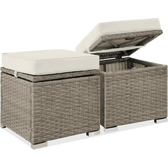 YUONAO Set of 2 Outdoor Wicker Ottomans with Removable Cushions, Patio Rattan Footrest Side Table with Hidden Storage, Weather-Resistant Seating for Backyard, Porch or Balcony - White Sand/Taupe