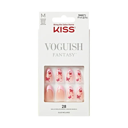 KISS Voguish Fantasy Press on Nails, Worthy, Pink, Medium Almond, 28 Count