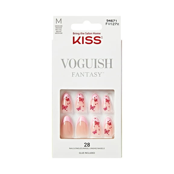 KISS Voguish Fantasy Press on Nails, Worthy, Pink, Medium Almond, 28 Count