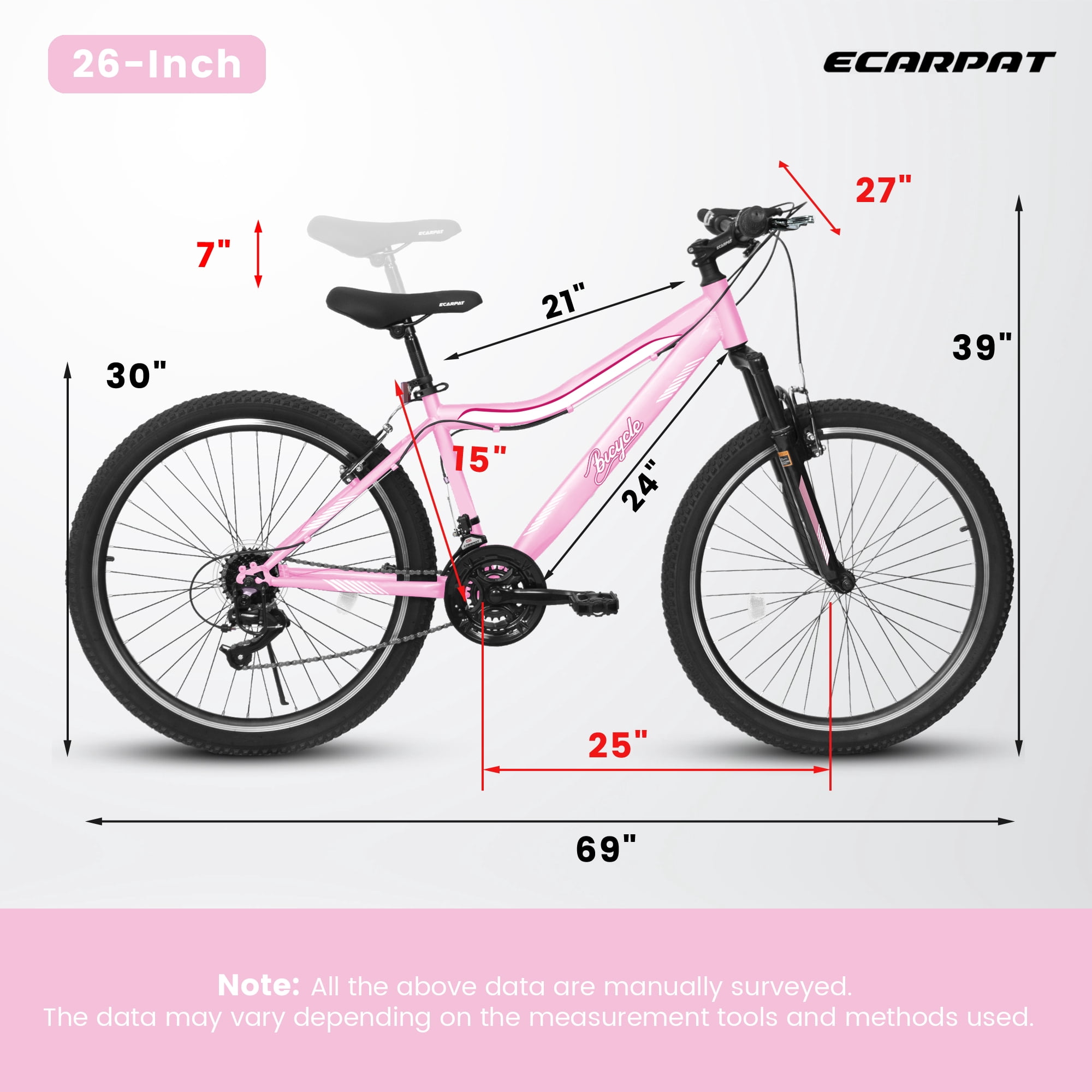 Mountain Bike 24 26 Inch, High-Density Carbon Steel Frame, 21 Speed, Front Suspension, Dual V-Brakes, Pre-Assembled For Men Women Teens