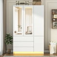 thumbnail image 3 of 75" Tall 3 Doors Armoire Wardrobe Closet with  3 Drawers and Mirror, Large Wardrobe Closet for Bedroom with LED Lights, Wooden Armoire Storage Cabinet with Hanging Rod, Adjustable shelves (White), 3 of 10