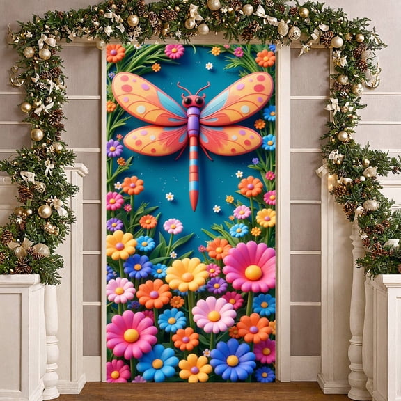 Colorful Dragonfly Banner Floral Garden Backdrop Dragonfly Design Bright Colors Flower Background for Garden Party Photography Backdrop Spring Celebration