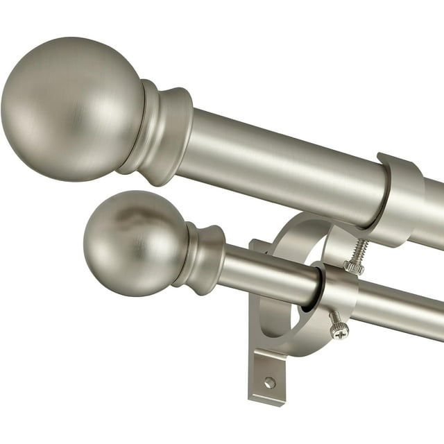 Mayrhyme Brushed Nickel Double Curtain Rods 36-72 Inch,1‘‘Front and 5/8‘‘Back Double Drapery Rod with Small Round Ball and Aluminum Brackets, Adjustable Dual Window Rod for Sheer/Blackout Curtains