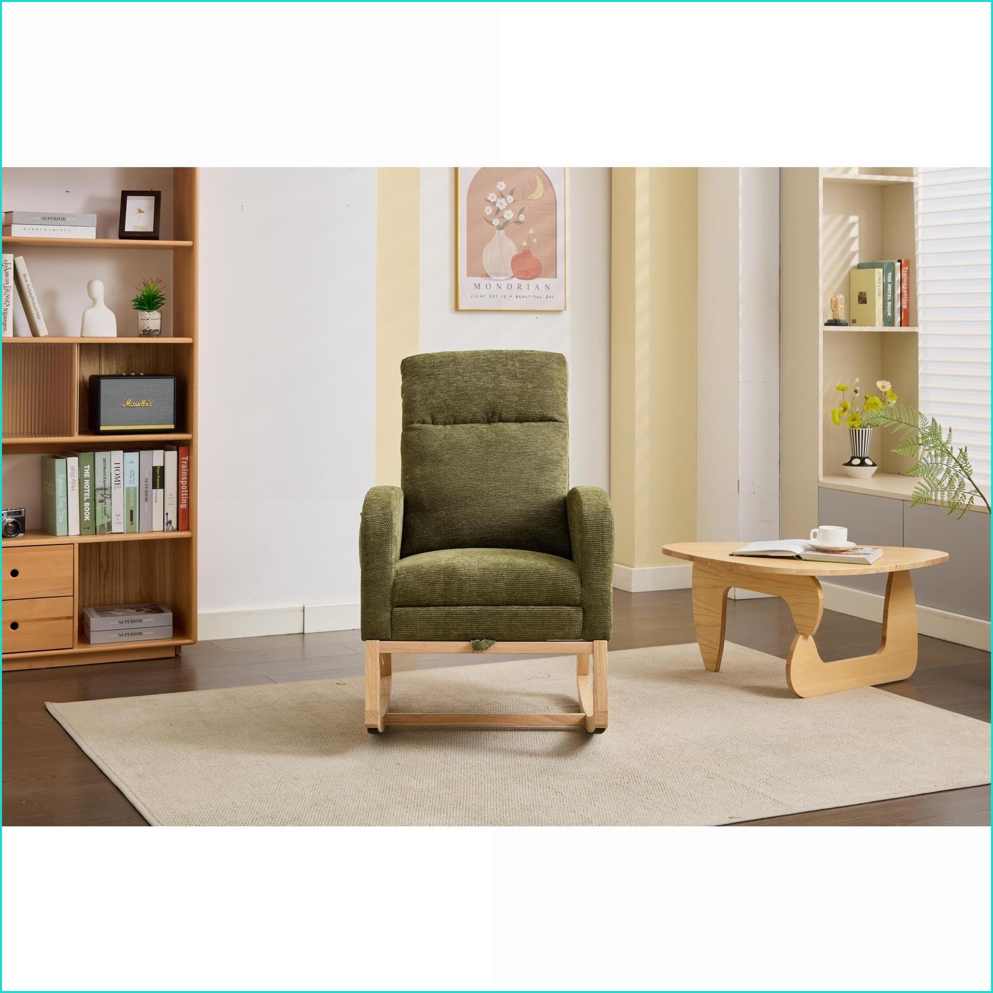 Rocking Chairs Modern Nursery Glider with Solid Wood Legs, High Backrest & Side Pocket | Teddy Polyester Blend