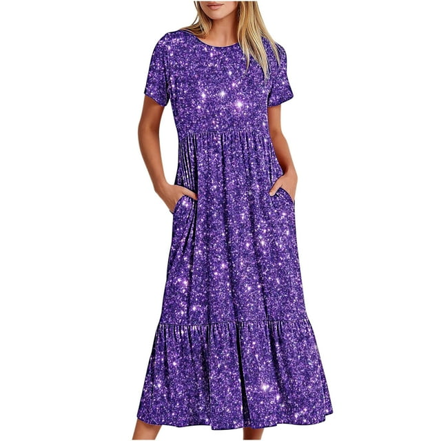 Penkiiy Robe Femme à Manches Courtes Imprimée Brillante Ample Décontractée d'Été Fluide à Étages Longue Maxi avec Poches 2TG Violet