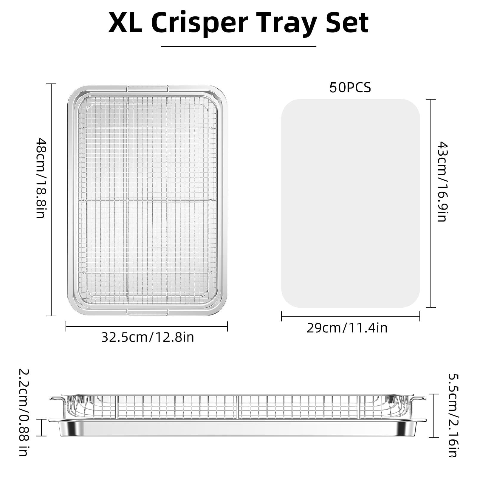 Air Fryer Basket for Oven,Oven Air Fryer Basket and Tray with 30 PCS Parchment Papers,2 Set Stainless Steel Air Fryer Pan and Crisper Tray for Baking Grilling XL