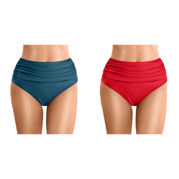 High Waisted Bikini Bottoms for Women 2 Packs Tummy Control Ruched Swim Bottoms Full Coverage Swimsuit Bottoms Bathing Suits Navy Red L