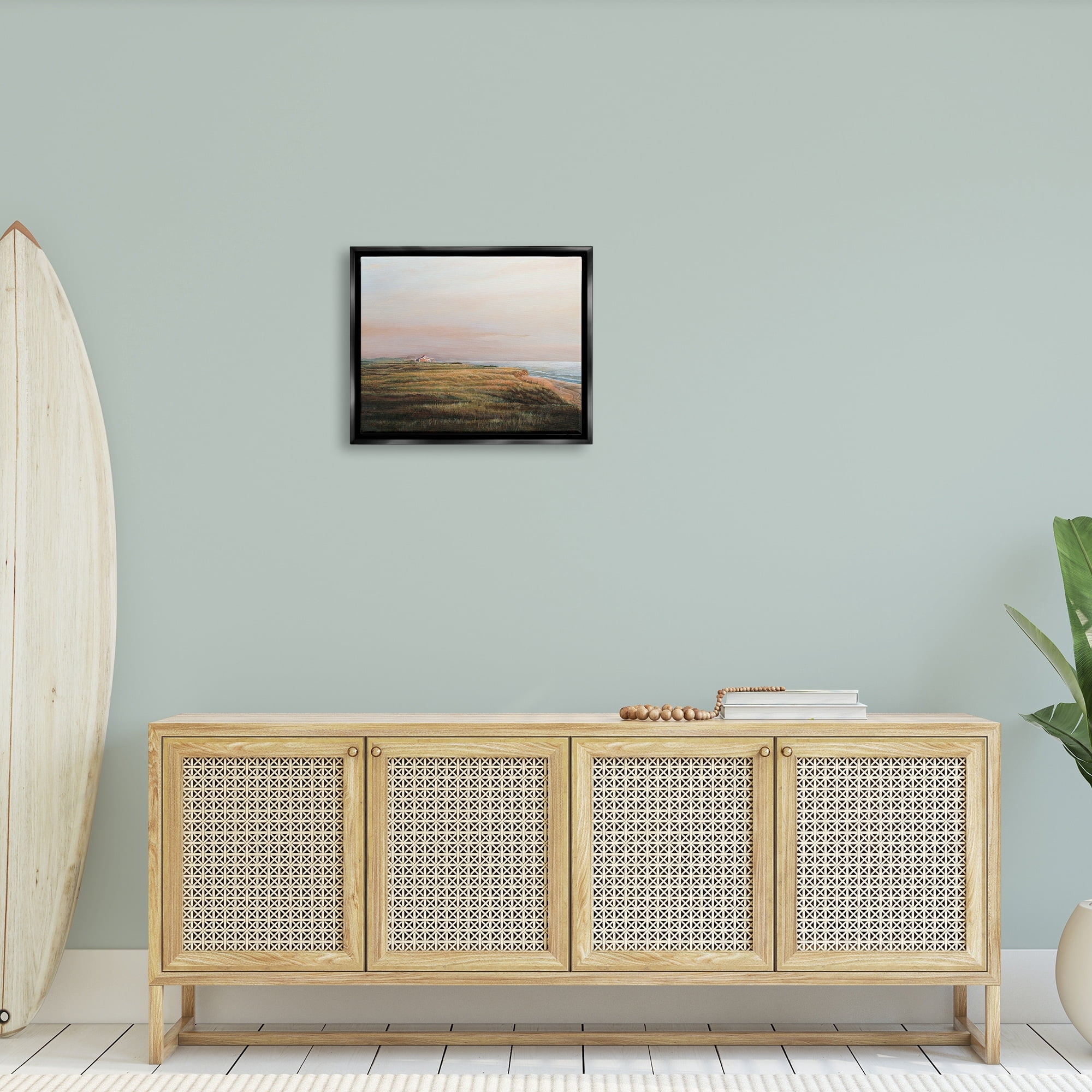 Stupell Industries Distant Seaside Cottage Rural Beach Ocean View Painting Luster Gray Floating Framed Canvas Print Wall Art, Design by Tom Mielko