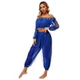 thumbnail image 5 of TiaoBug Womens Belly Dance Costume Long Sleeve Off Shoulder Crop Top+Sequined Dots Chiffon Pants Set Royal Blue One Size, 5 of 7