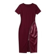 thumbnail image 7 of XUNKUSGA Cocktail Dresses for Women Fashion Patchwork PU Leather Zipper Split Hem Bodycon Dresses Summer Classic Crewneck Short Sleeve Prom Dress,Red,S, 7 of 7