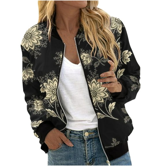 Herrnalise Jackets For Women Casual Print Patchwork OuterwearCardigan Jacket Zippered Jacket Long Sleeved Casual Jacket Shackets For Women 2024 fall Black,M