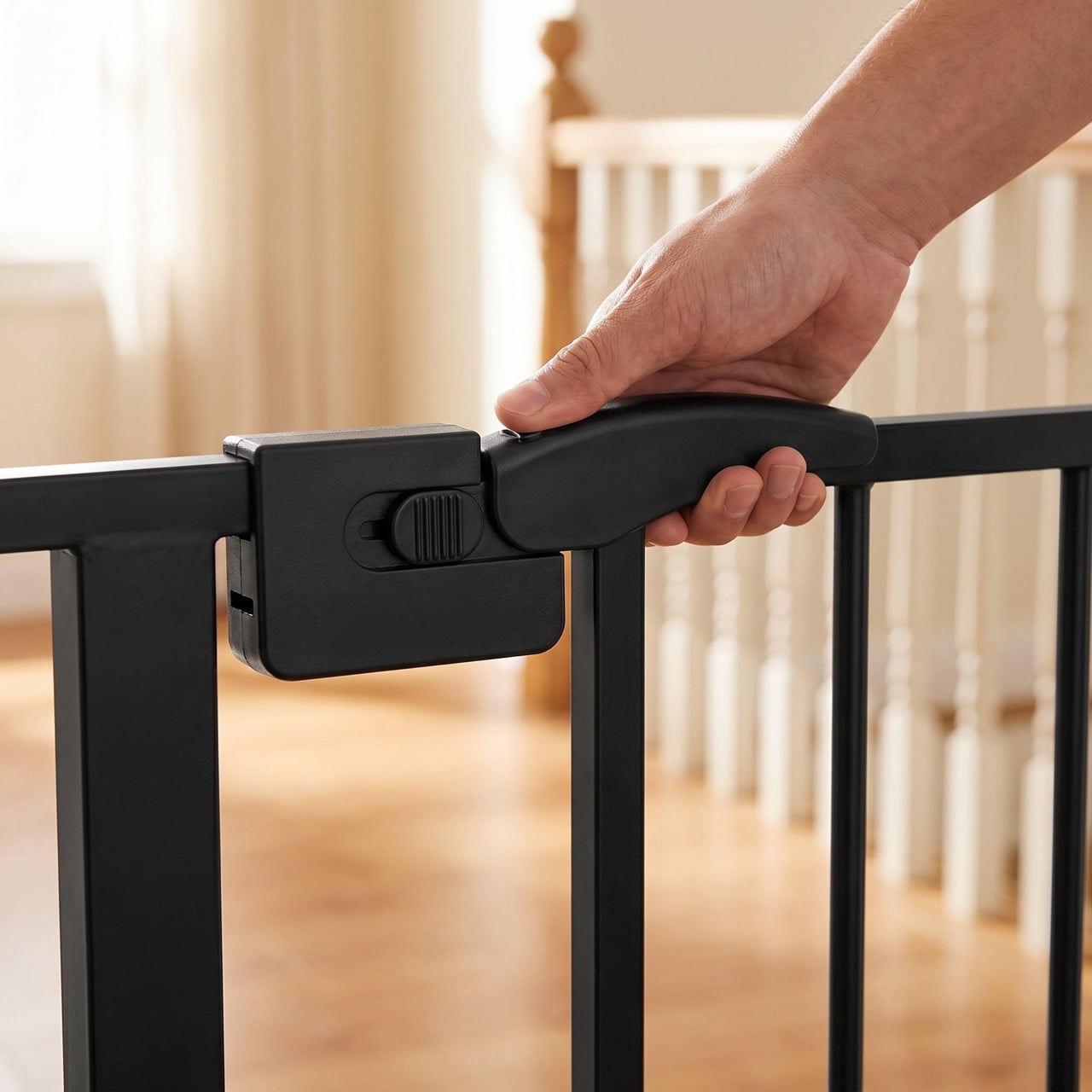 DURAMOXLQ 29.5-44.1" Adjustable Baby & Pet Gate for Stairs, Pressure Mounted Walk-Through Dog Gate, Black