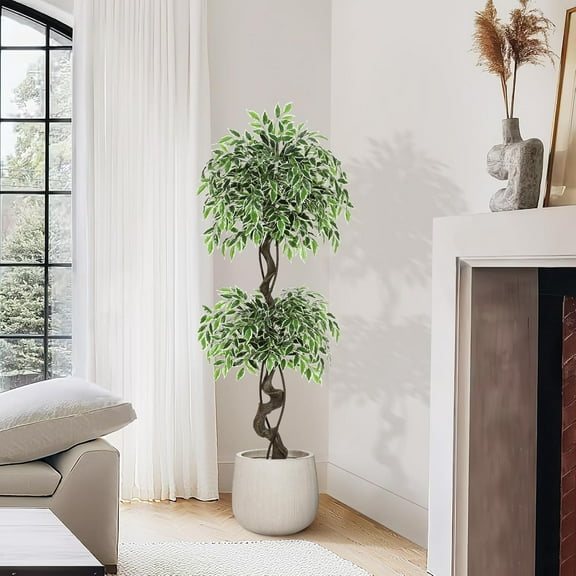 6ft Artificial Tree Ficus,Tall Faux Trees Indoor with Natural Trunk for Home Spring Decor,Fake Ficus Tree with White Imitation Ceramic Pot for Living Room Outdoor Balcony House Office