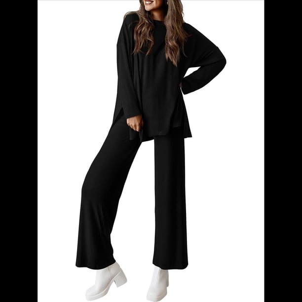 Conjuntos de Dos Piezas para Mujer, Camisetas de Larga A Juego, Pantalones Anchos y Chándales, Ropa de Otoño. Negro XXL