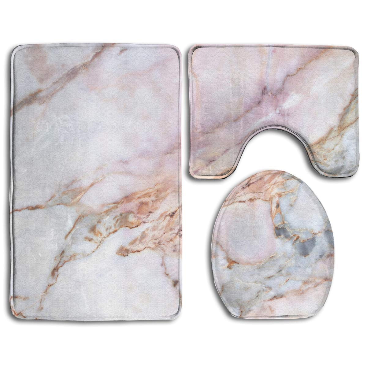 GOHAO Rose Gold Marble 3 Piece Bathroom Rugs Set Bath Rug Contour Mat